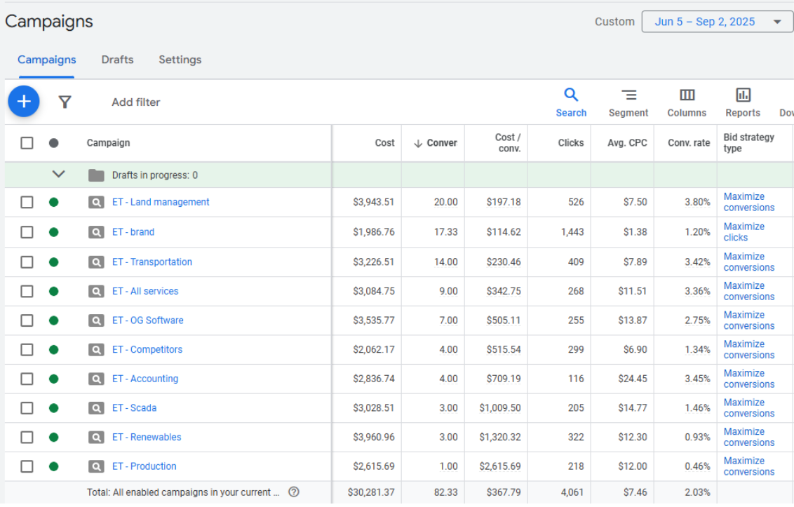 Google Ads report screenshot used for KPI extraction