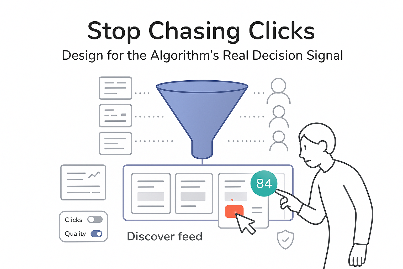 Minimalist illustration of two tower recommender system funnel showing engagement score over clicks