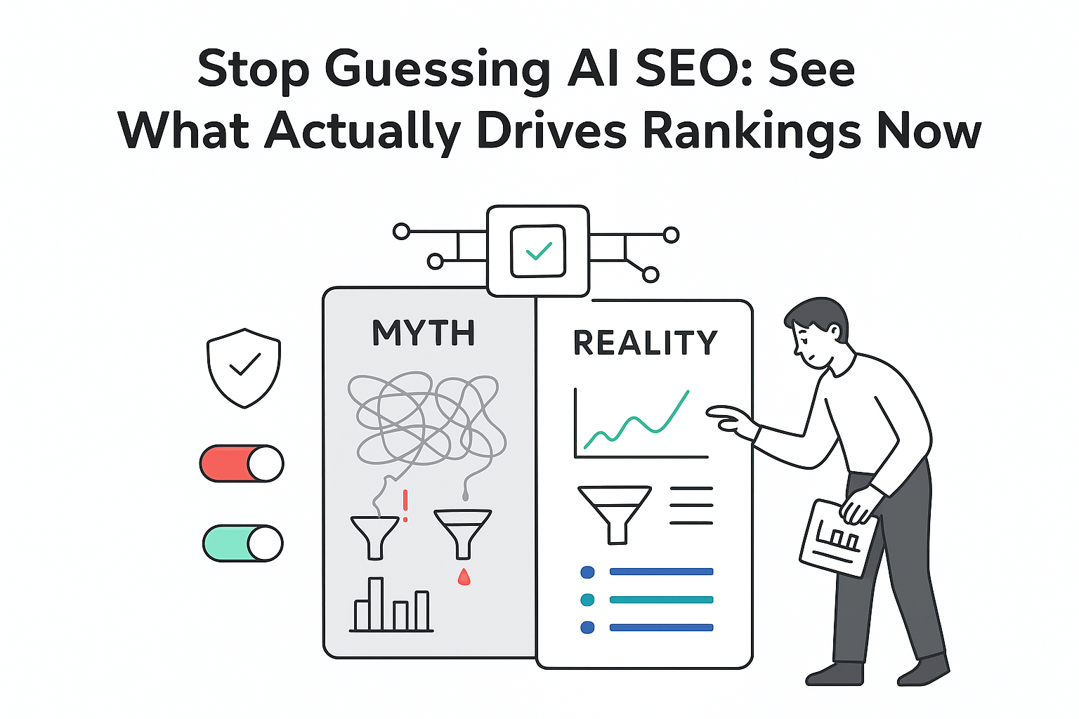 Minimalist AI SEO myth vs reality control panel with human toggling report