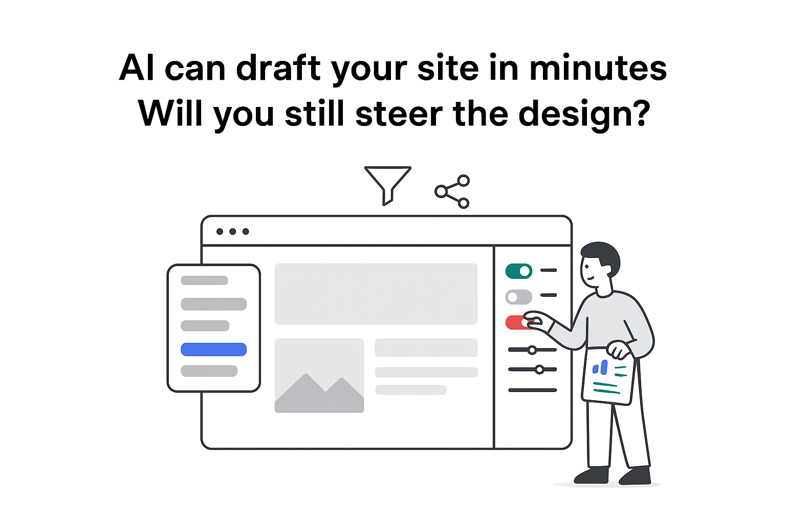 Minimalist illustration of AI website builder browser window with prompt panel and person adjusting controls