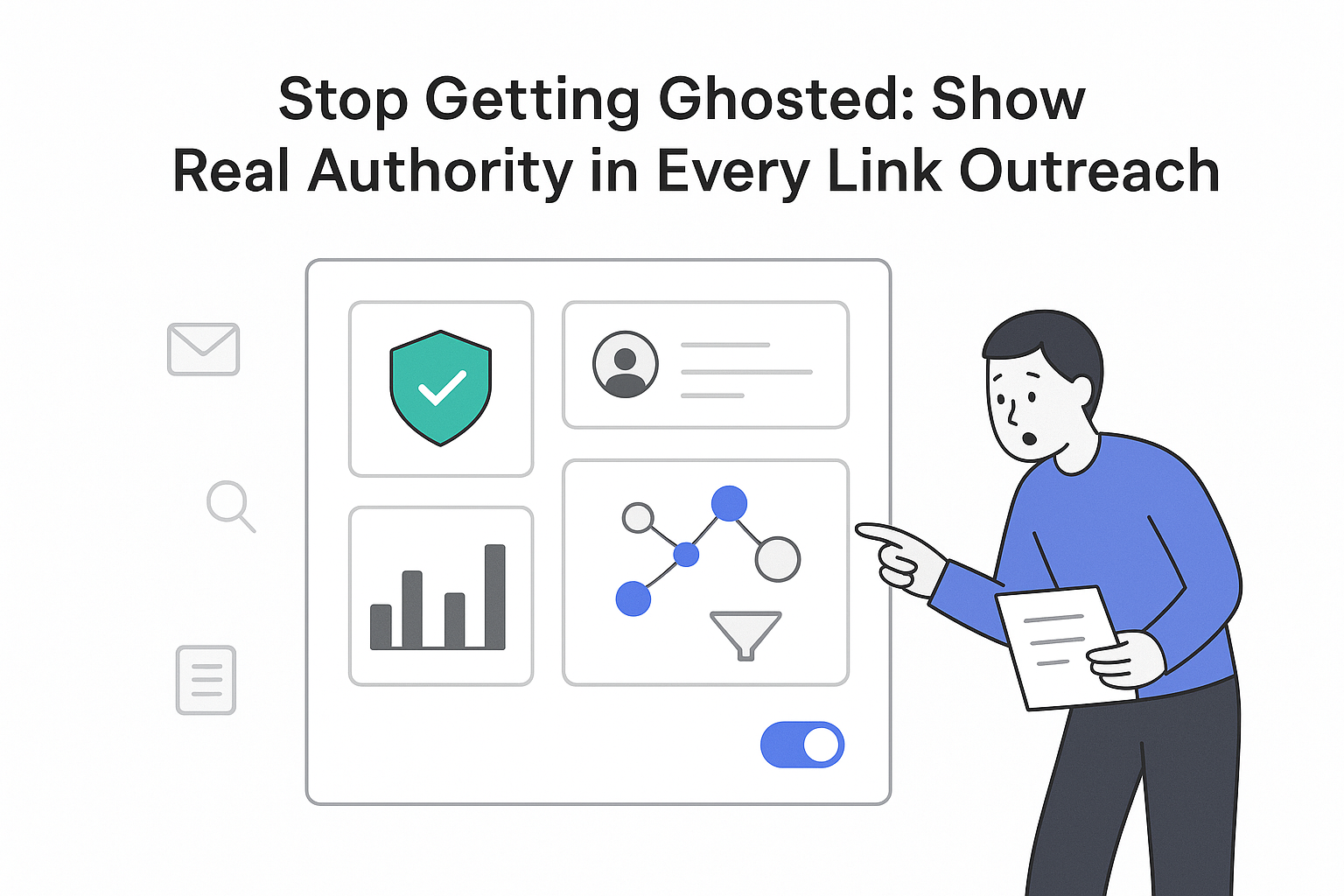 Minimalist trust dashboard showing shield toggle link nodes outreach funnel and person pointing
