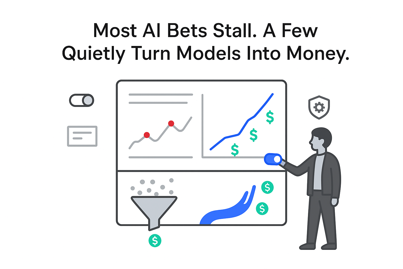 Minimalist tech dashboard showing AI model performance revenue funnel and conversion growth with executive toggle