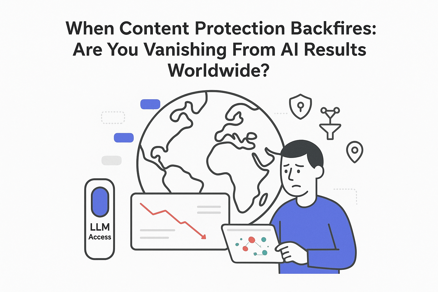 Minimalist global illustration showing AI results visibility loss with analytics panel and LLM toggle off