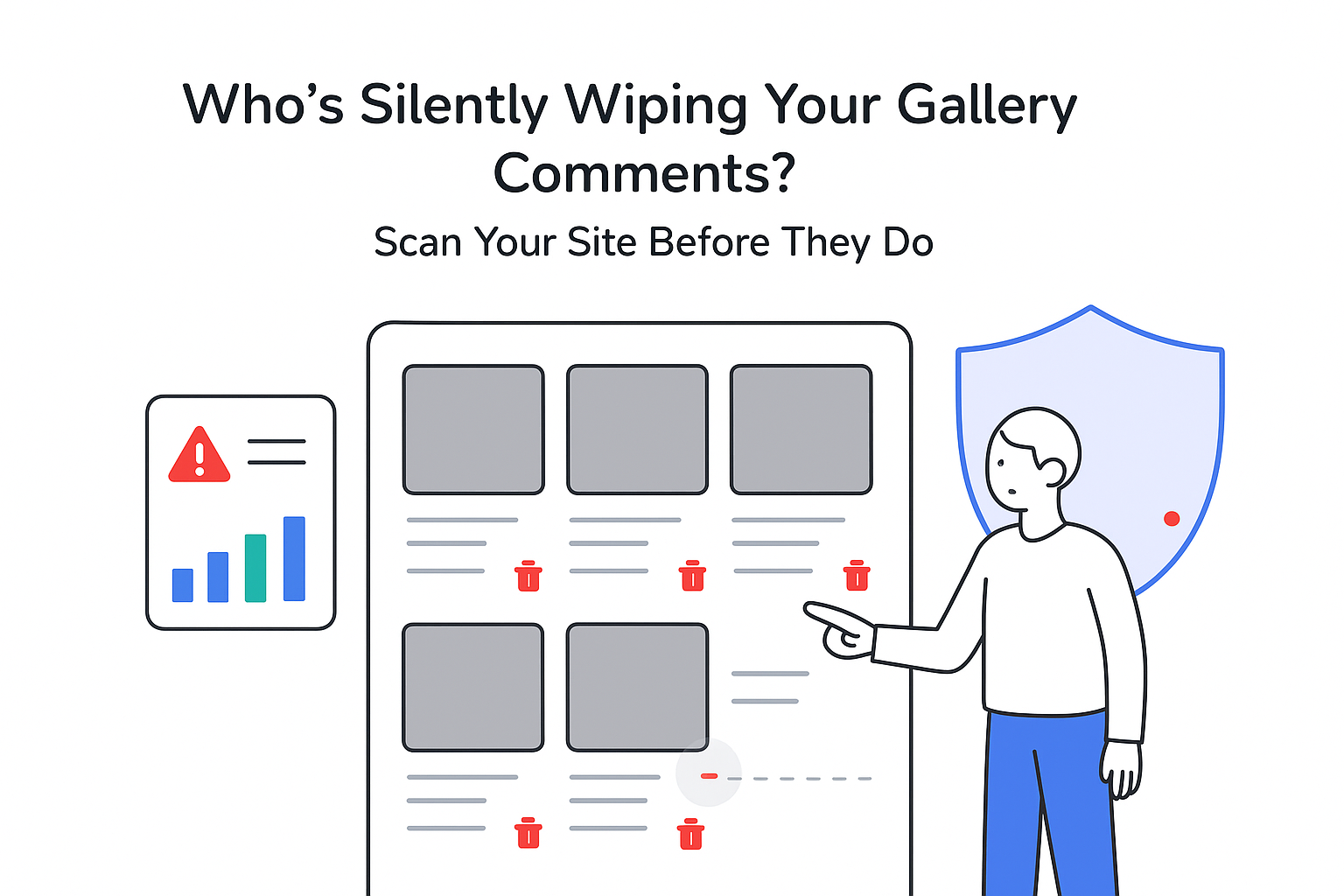 Minimalist illustration of gallery comments being silently deleted security flaw audit report and concerned user