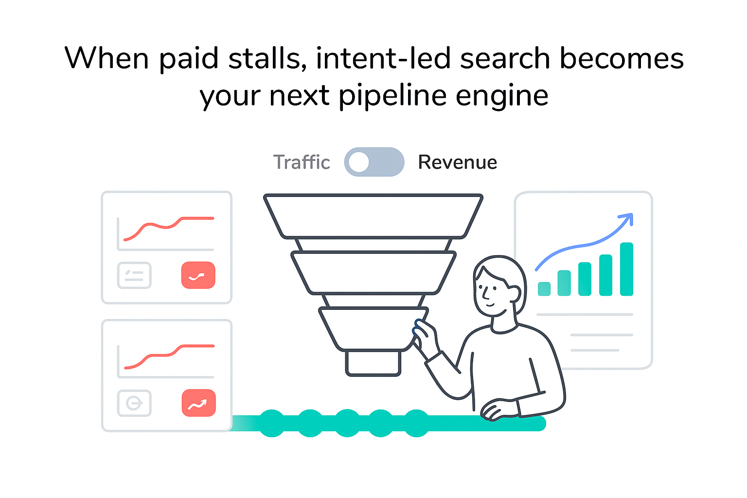 Minimalist vector sales funnel and pipeline with marketer flipping toggle to Revenue intent led search