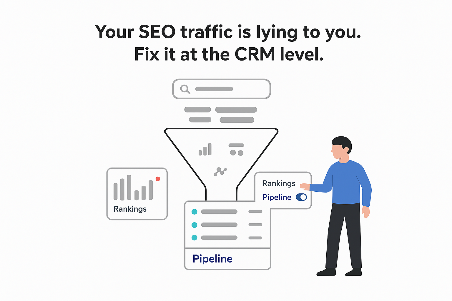 Minimalist SEO to revenue funnel illustration with CRM pipeline analytics toggle and executive
