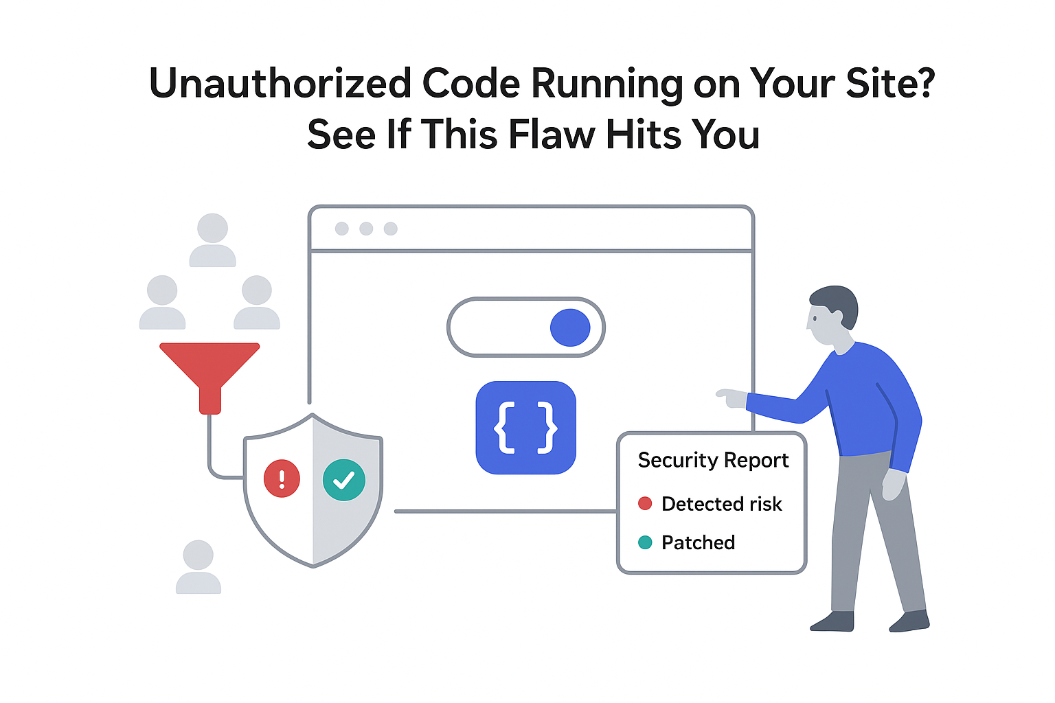 Minimalist website security illustration showing unauthorized code detection warning funnel patched shield report