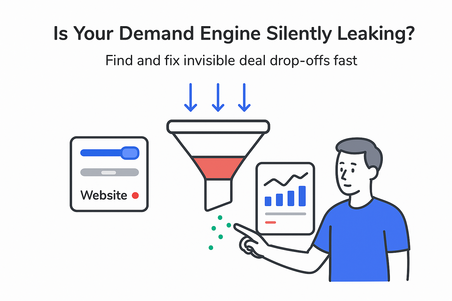 Demand engine funnel showing blocked segment lost pipeline analytics and website toggle optimization