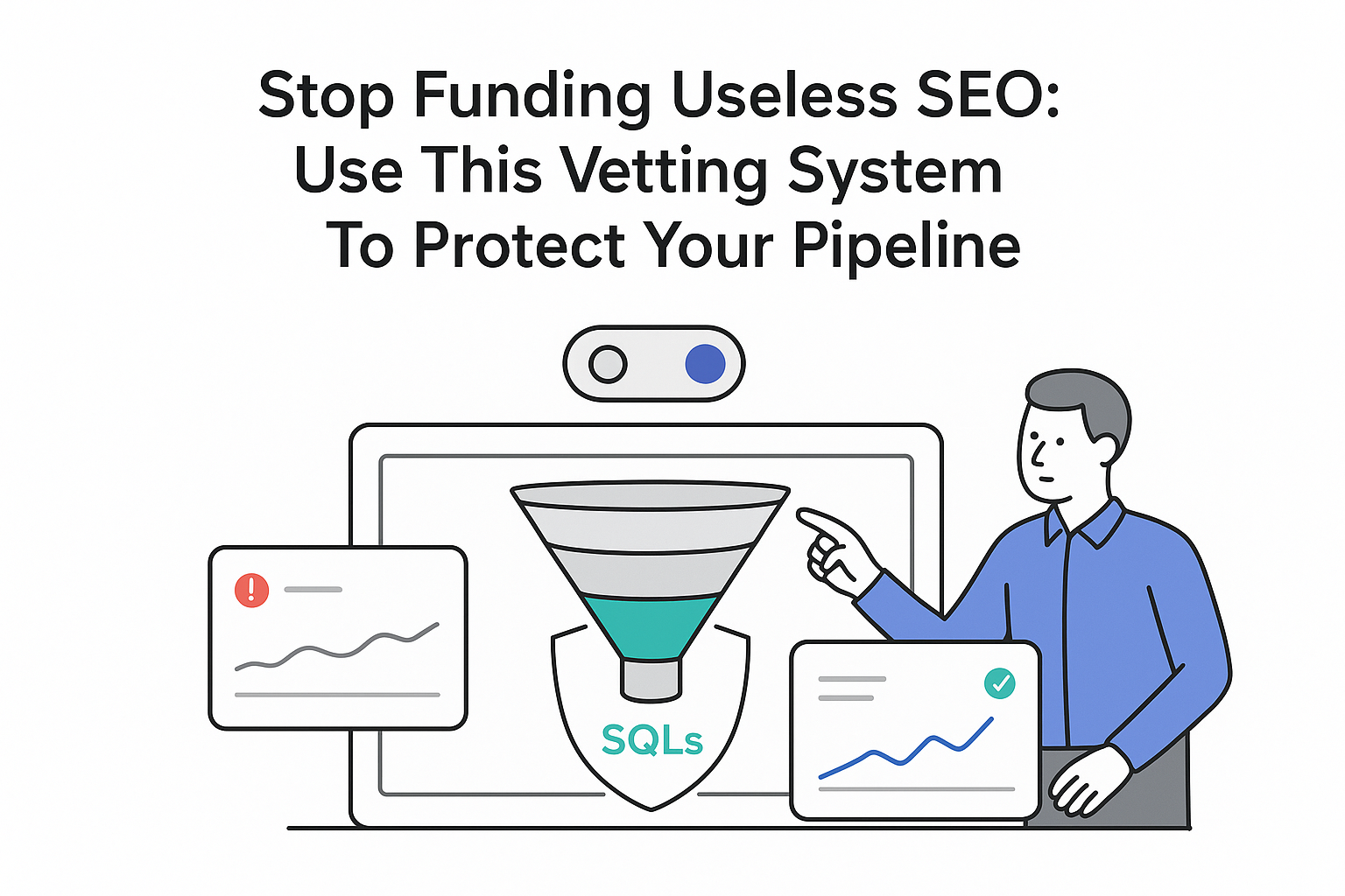 Minimalist B2B analytics dashboard with sales funnel SQLs KPI cards pipeline toggle shield pointing professional