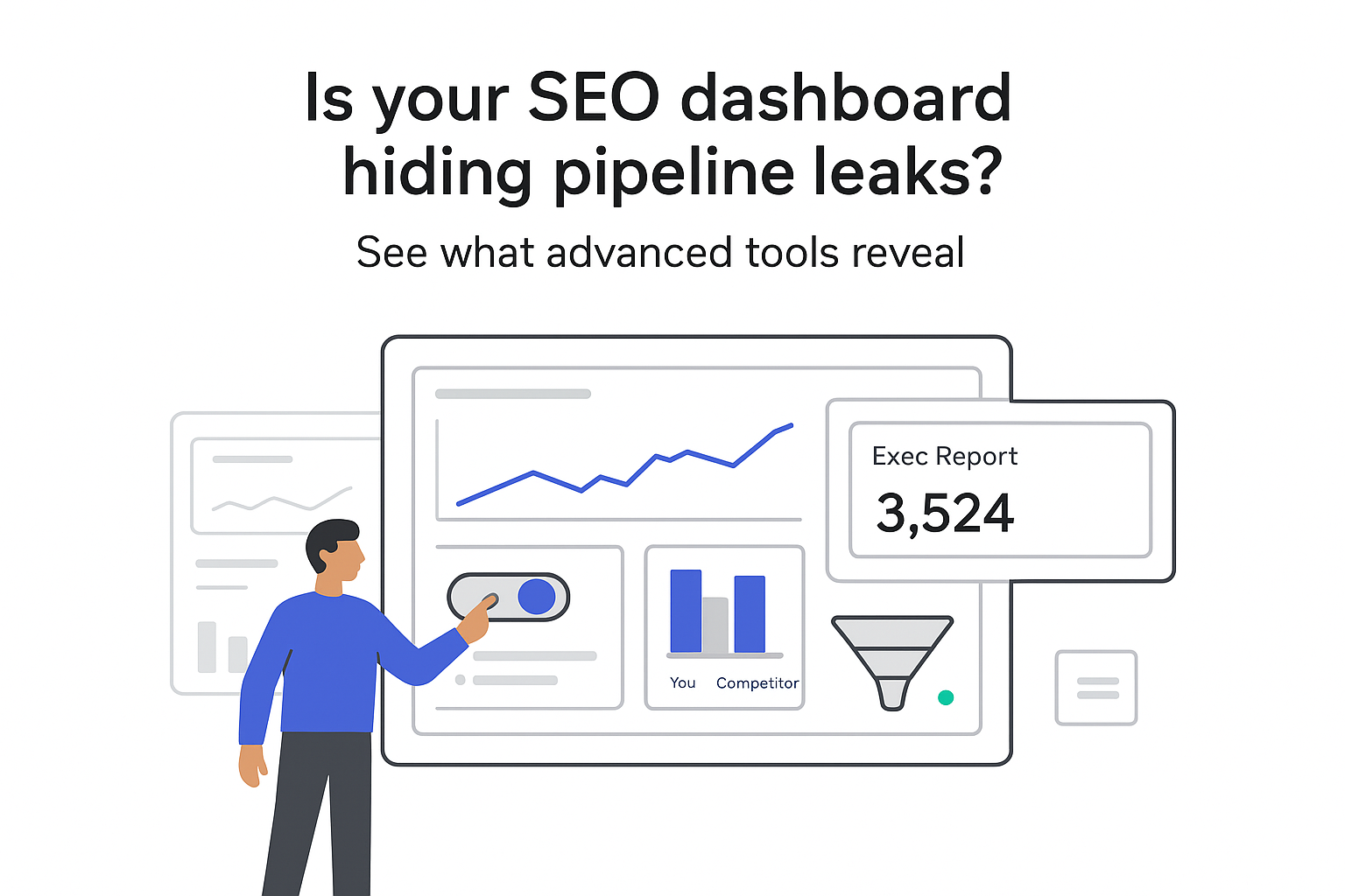 Minimalist SEO analytics dashboard showing pipeline funnel line chart comparison bars B2B professional toggling switch
