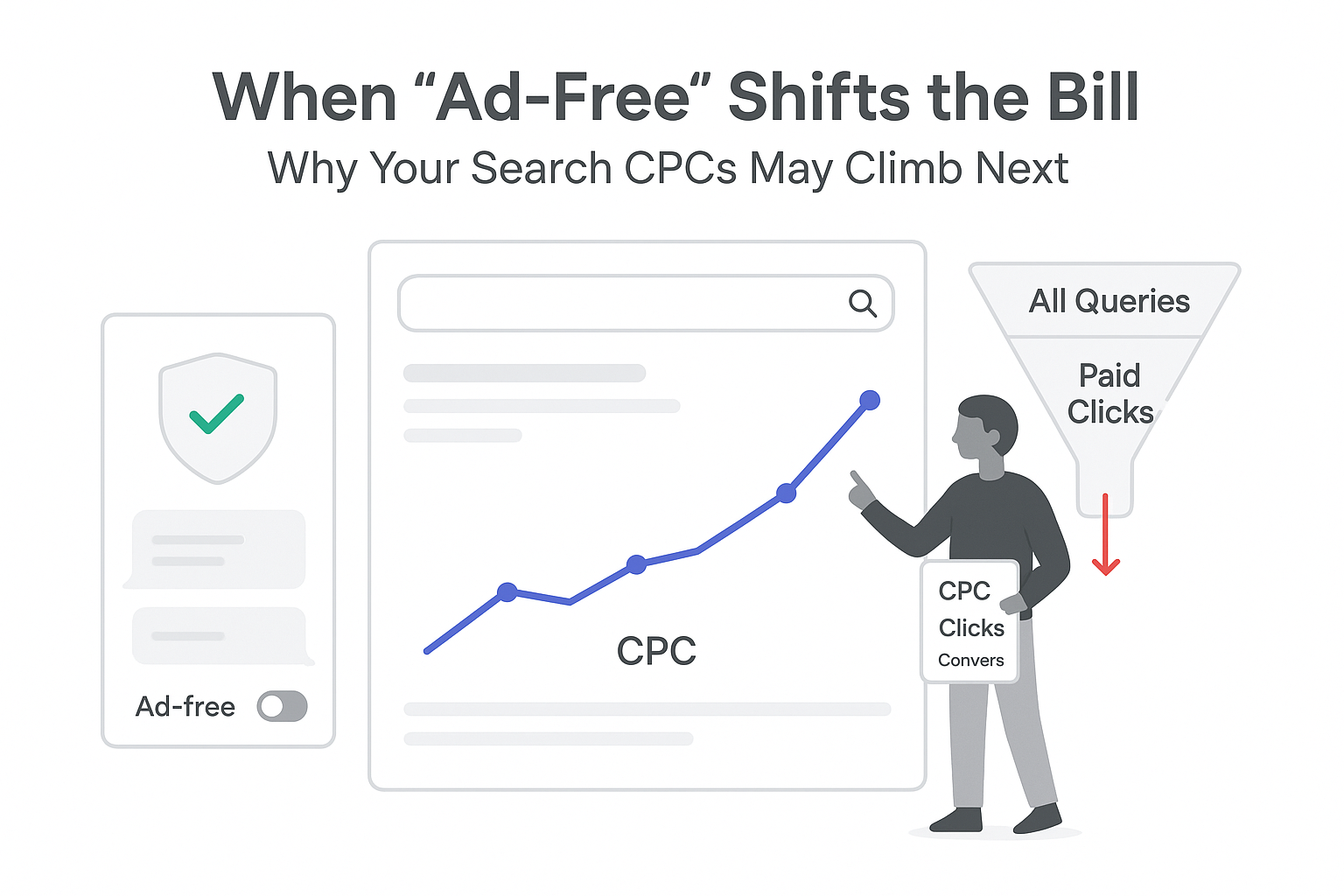 Minimalist search results panel rising CPC graph ad free assistant funnel person pointing metrics