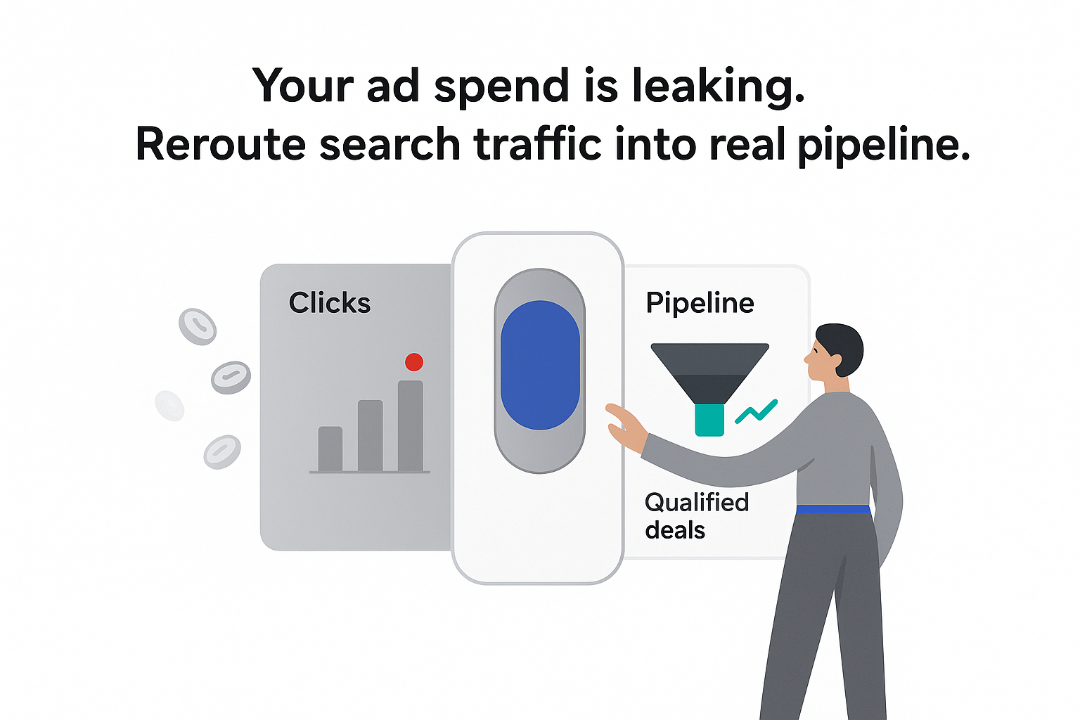 Minimalist B2B SEO control hub illustration with toggle rerouting clicks to pipeline funnel