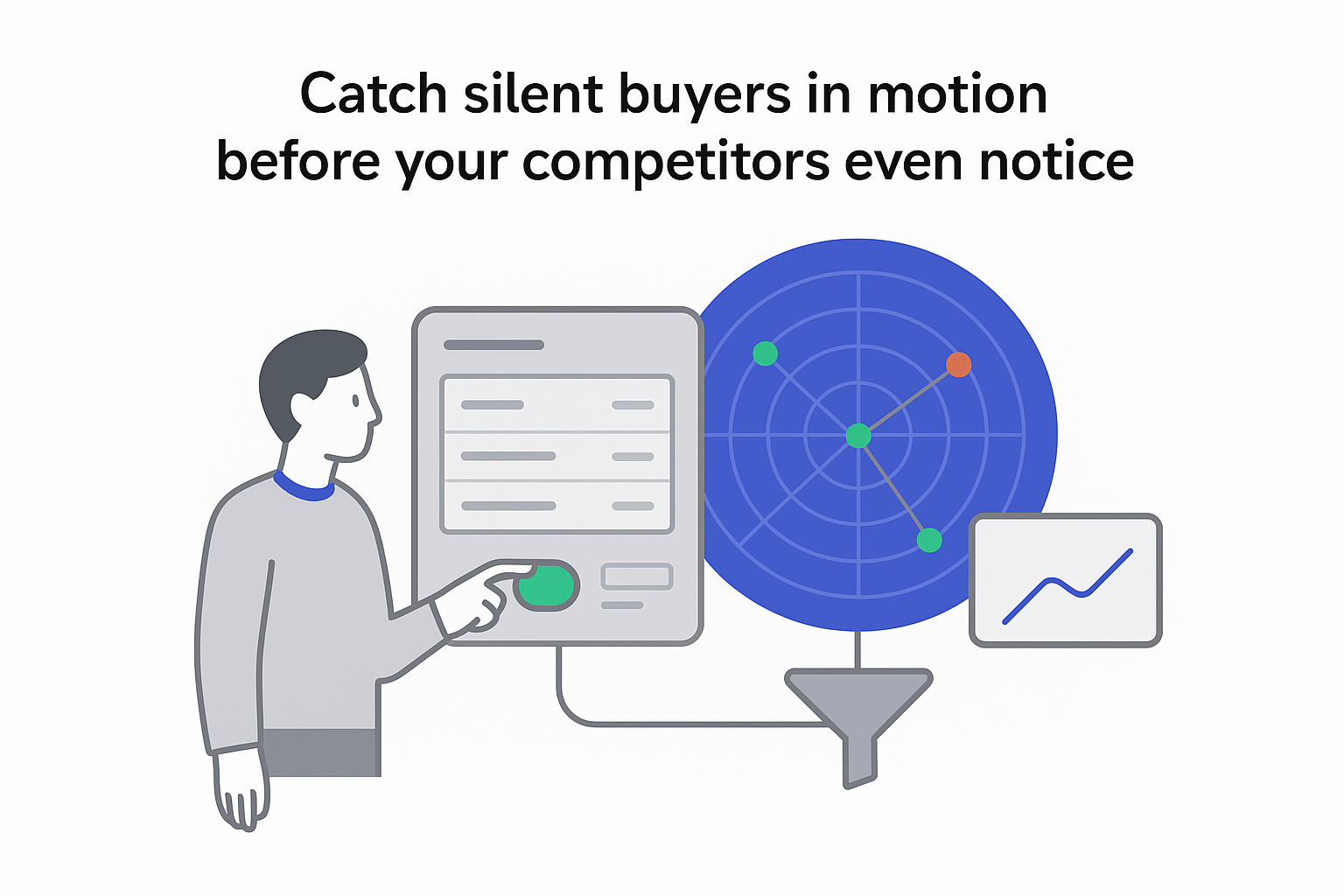 Minimalist tech illustration on white background human CRM dashboard radar buying signals funnel toggle activation