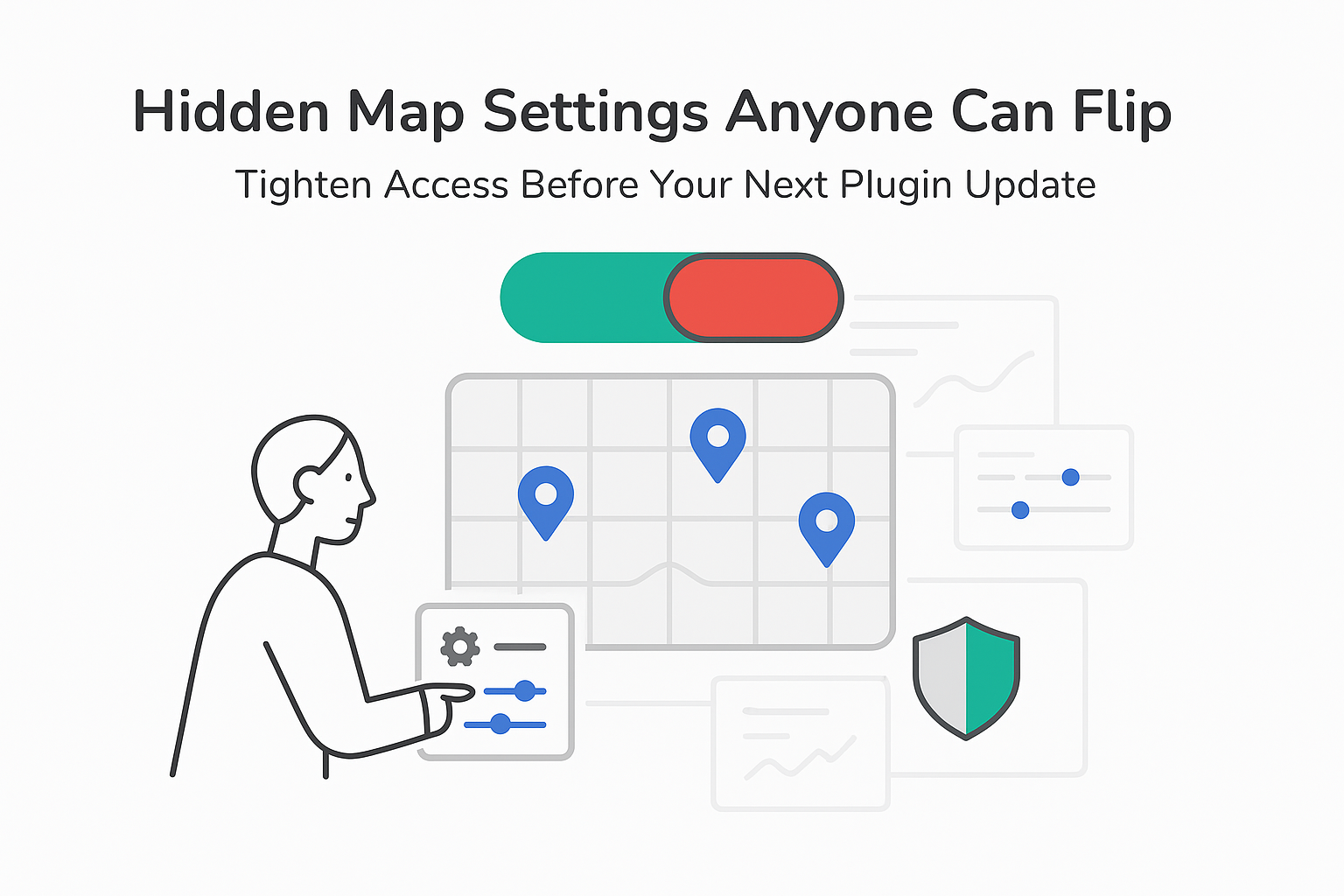 Minimalist tech map toggle near red person pointing engine settings shield half protected plugin access