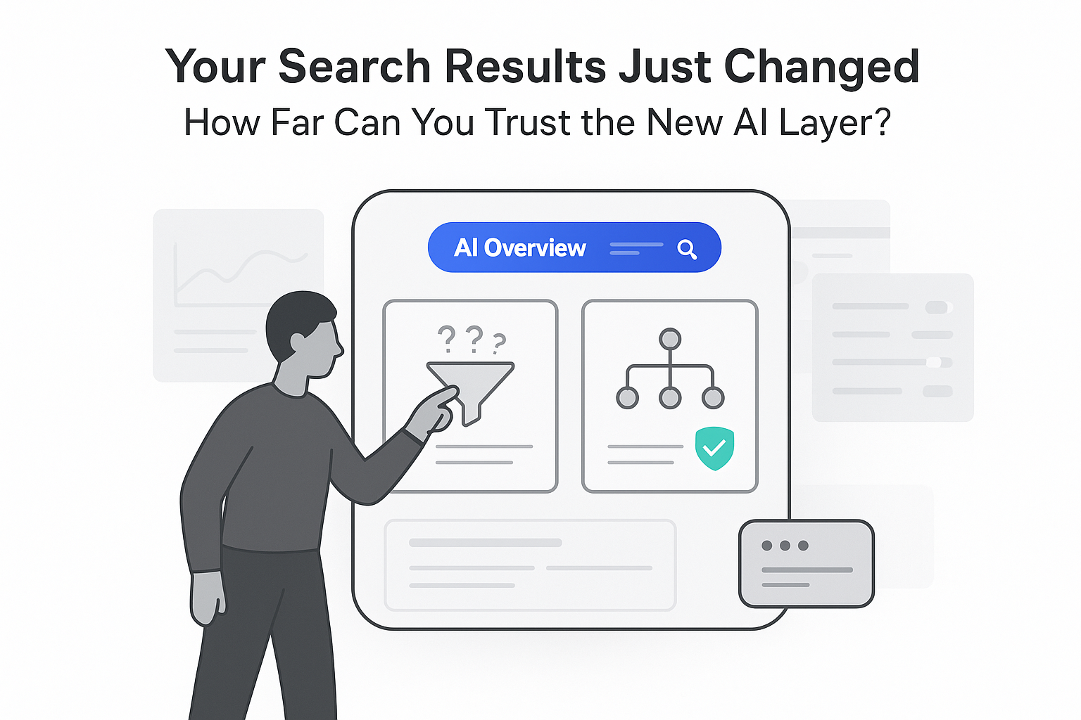 Minimalist AI search engine illustration with overview panel character pointing toggle follow up chat bubble