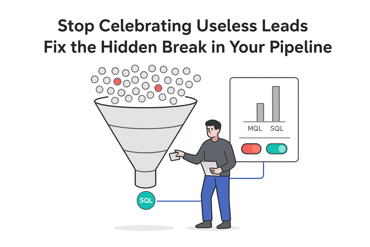 Minimalist sales funnel pipeline illustration many leads few SQLs analytics panel person toggling optimization