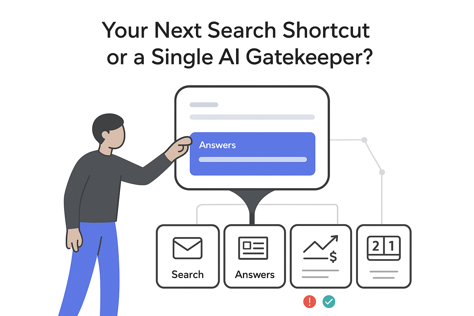 Minimalist tech illustration AI answer engine person tapping toggle funnel to source panels