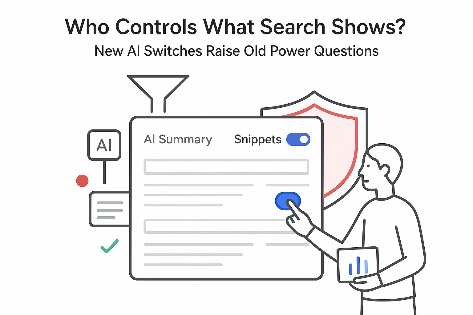 Person flipping AI Snippets toggle on search results panel with shield regulatory oversight icons