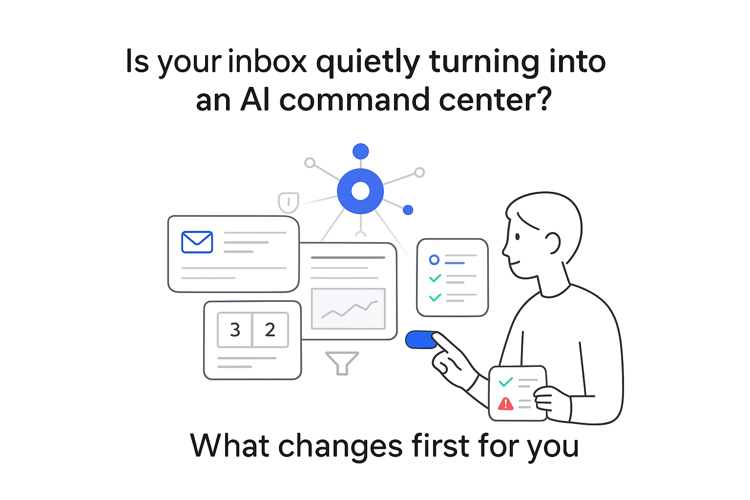 AI copilot orchestrating email news sports and finance UI panels turning inbox into command center