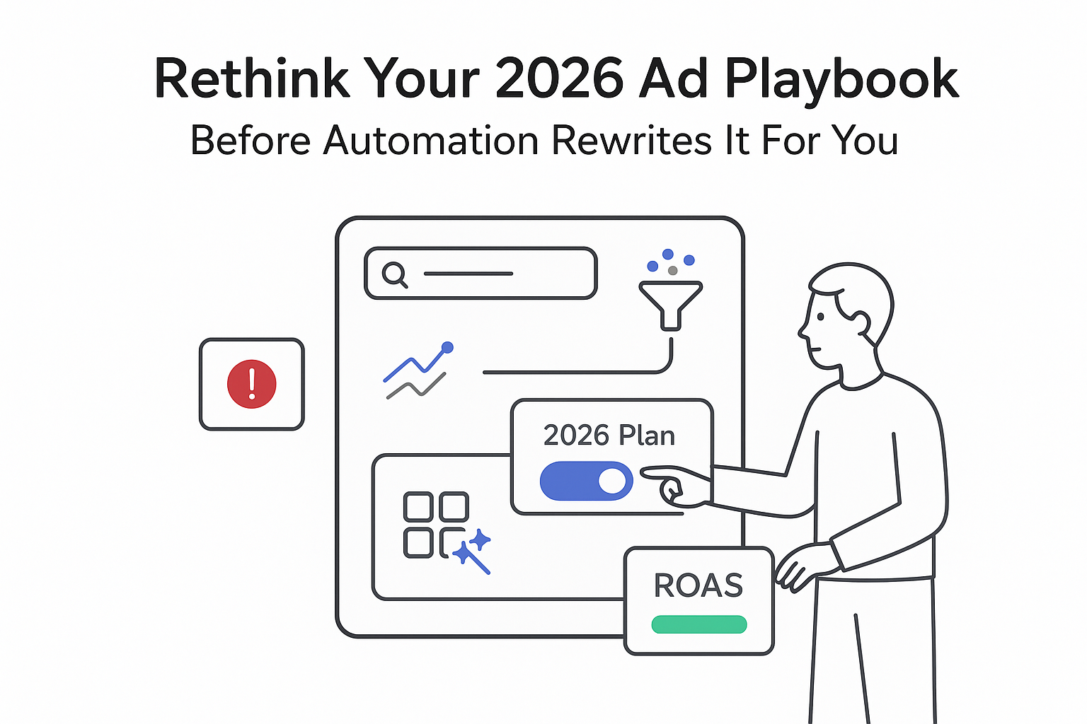 Minimalist AI ad control hub illustration with search funnel asset studio modules and person