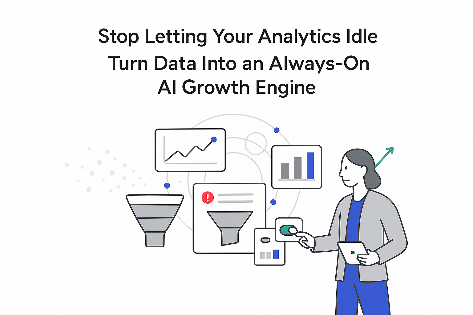 Minimalist illustration of AI growth engine analytics hub with marketer toggling control and upward trend