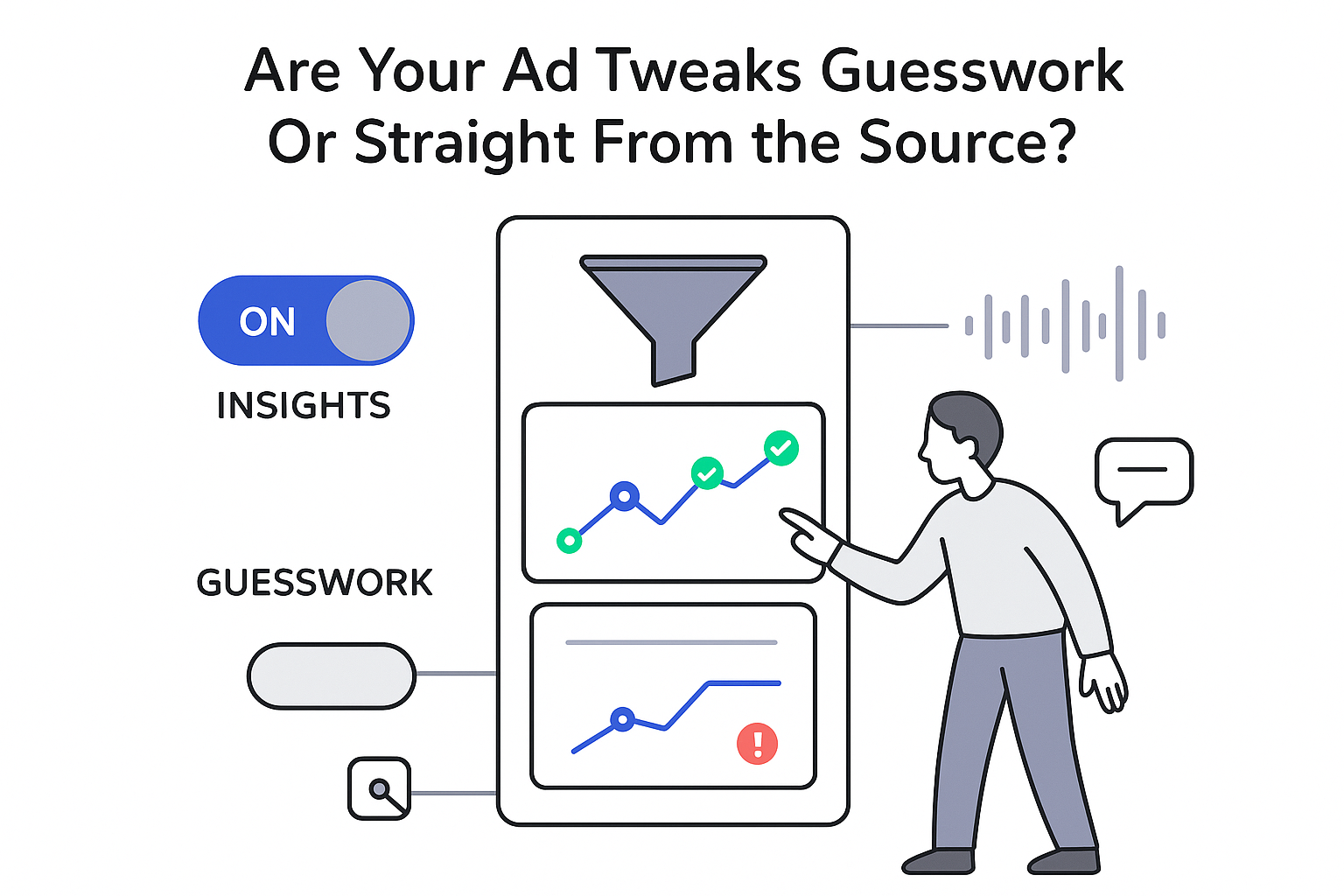 Minimalist optimization control hub person pointing funnel performance chart insights toggle chat waveform ad tweaks