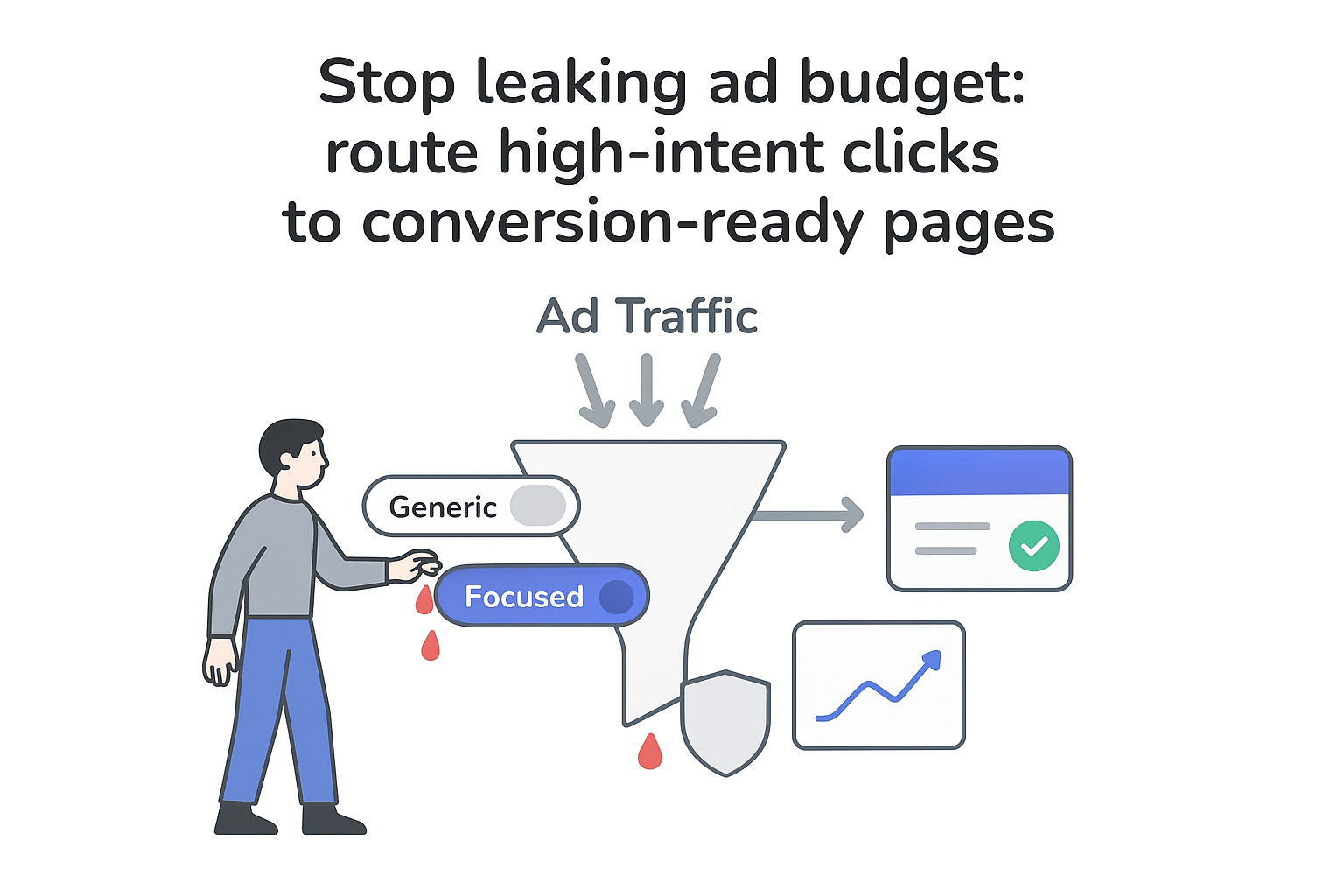 Minimalist traffic control dashboard funnel showing ad budget leakage and focused landing page conversions