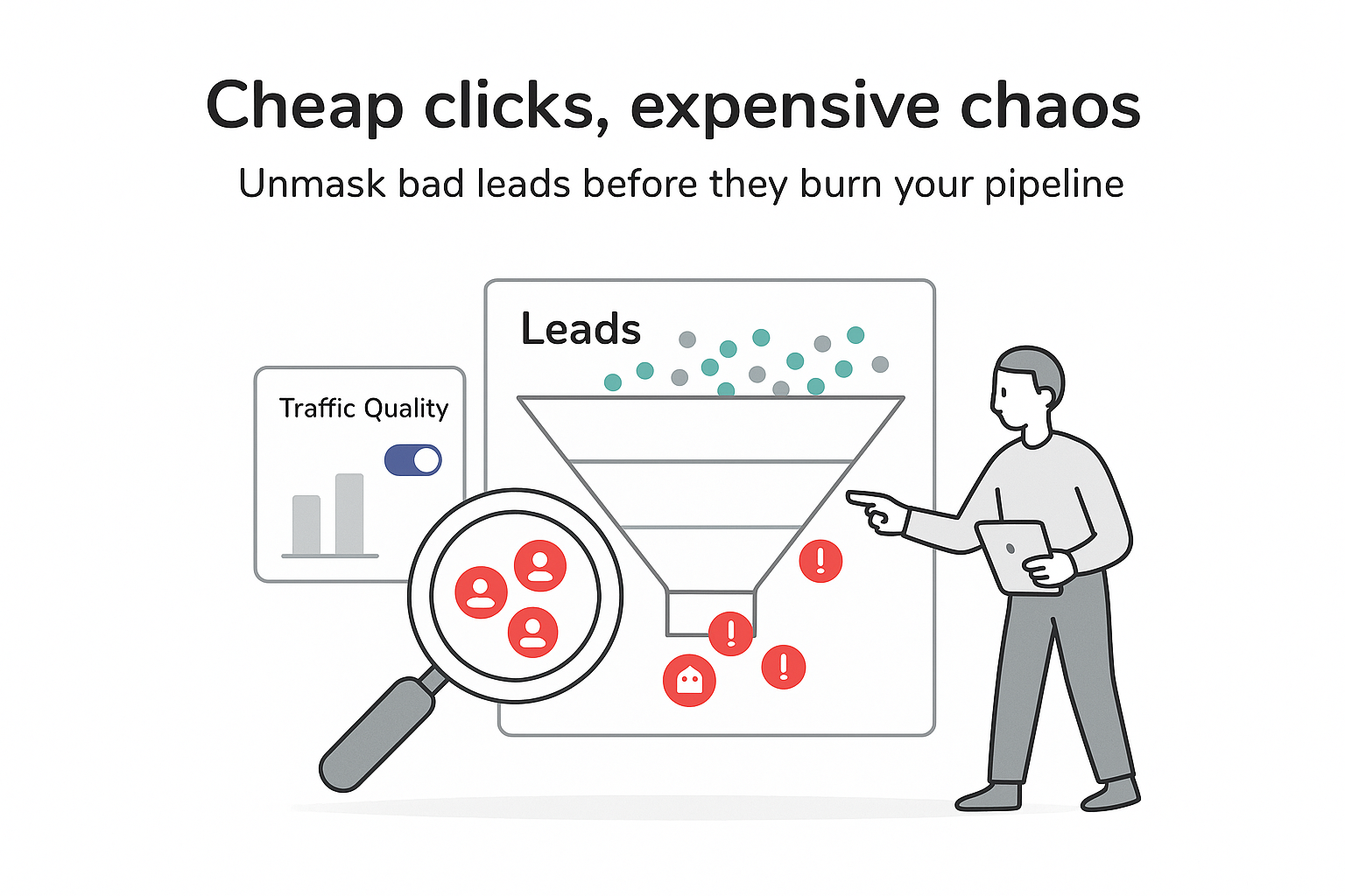 Minimalist analytics dashboard leads funnel with red flagged leads magnifying glass and B2B marketer