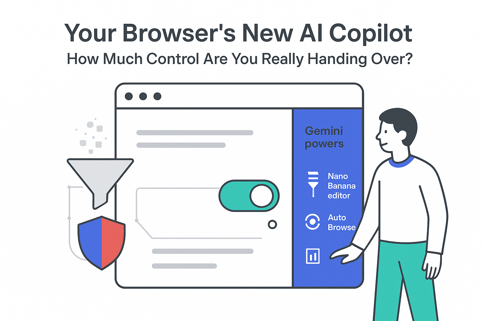 AI copilot browser UI with side panel toggle user tapping data funnel and shield risk