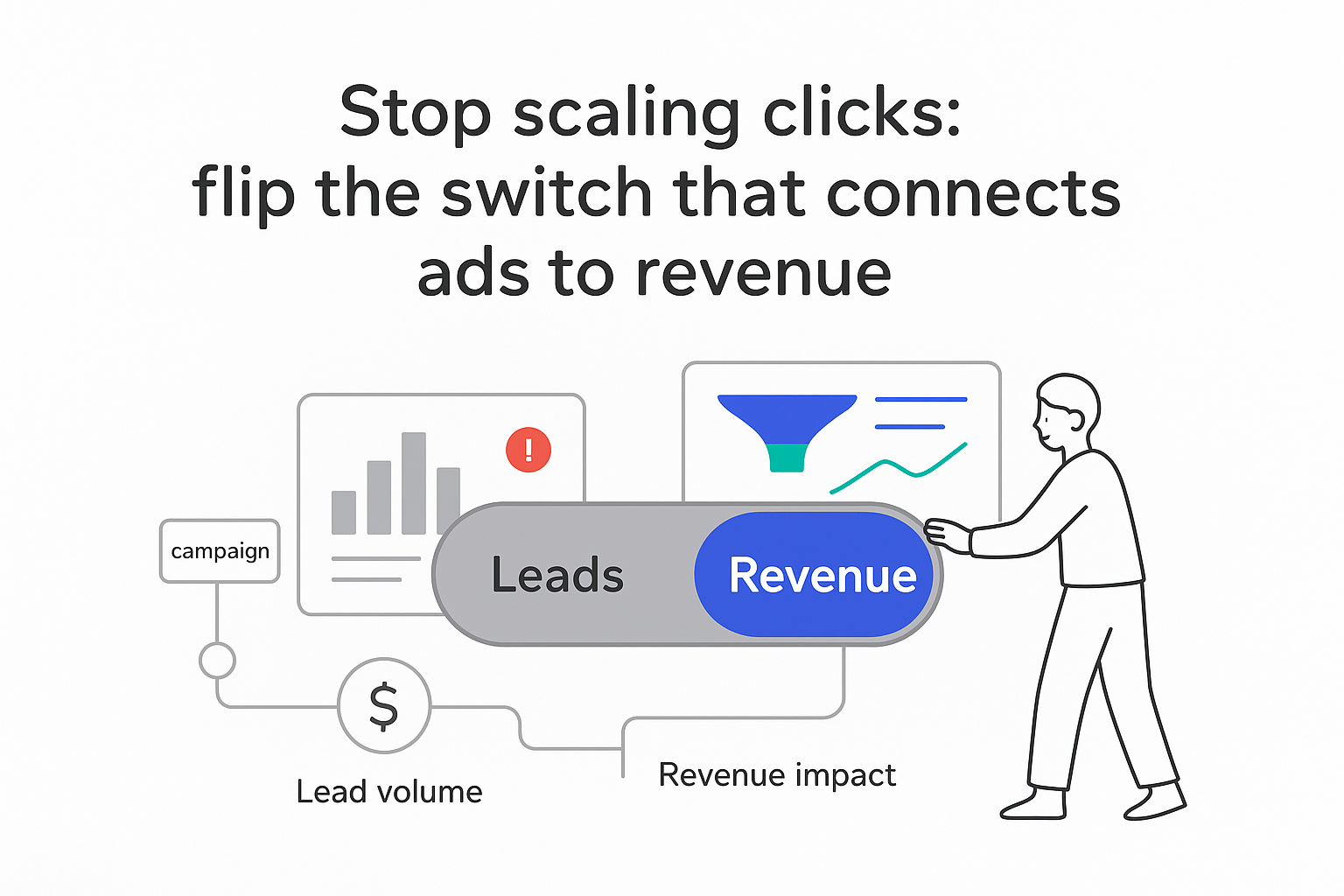 Minimalist illustration toggle shifting from Leads to Revenue connecting ads to revenue with funnel pipeline