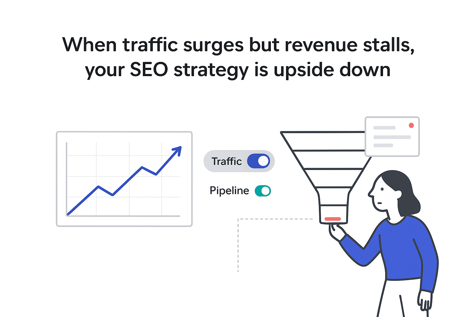 Minimalist illustration of traffic analytics chart and B2B pipeline funnel toggle showing missed SEO opportunity