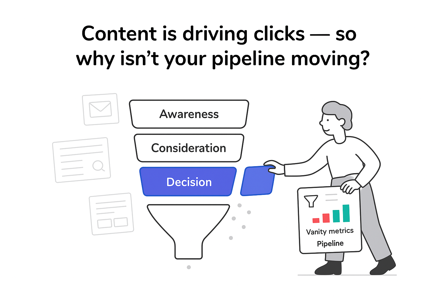 Minimalist B2B buyer funnel with marketer sliding missing panel and analytics showing pipeline growth