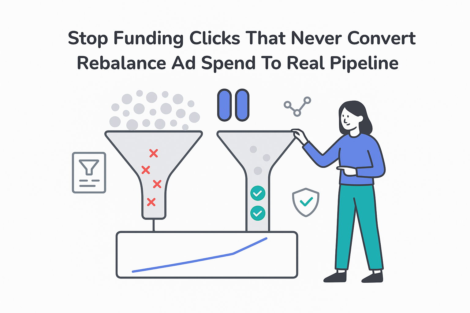 Minimalist illustration of dual ad funnels toggles and merged pipeline chart evaluating ad spend performance