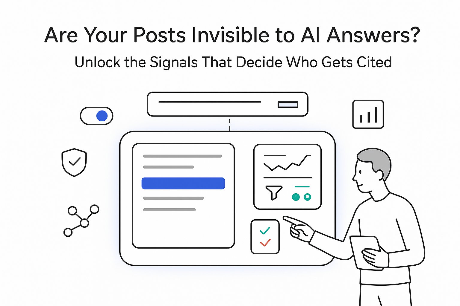 Minimalist AI answer engine dashboard with highlighted content citation KPI tiles and person pointing