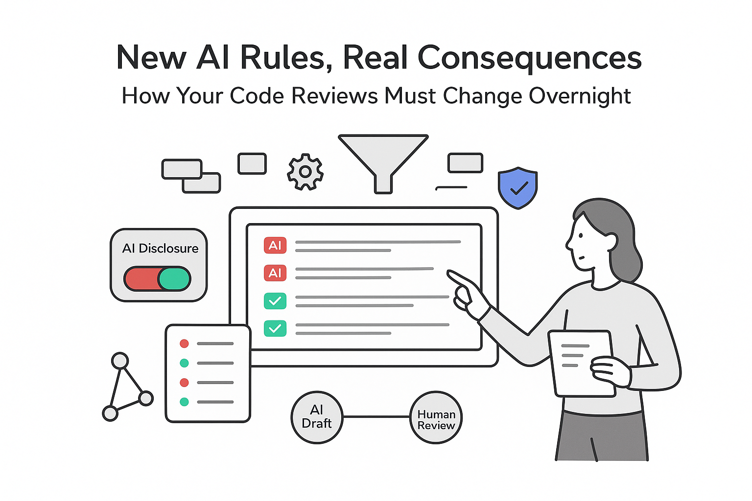 Minimalist tech illustration code review dashboard with AI disclosure toggle funnel human review compliance