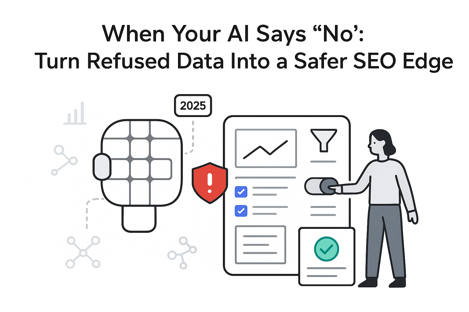 AI head linked to SEO dashboard with red alert refusing 2025 data and secure badge