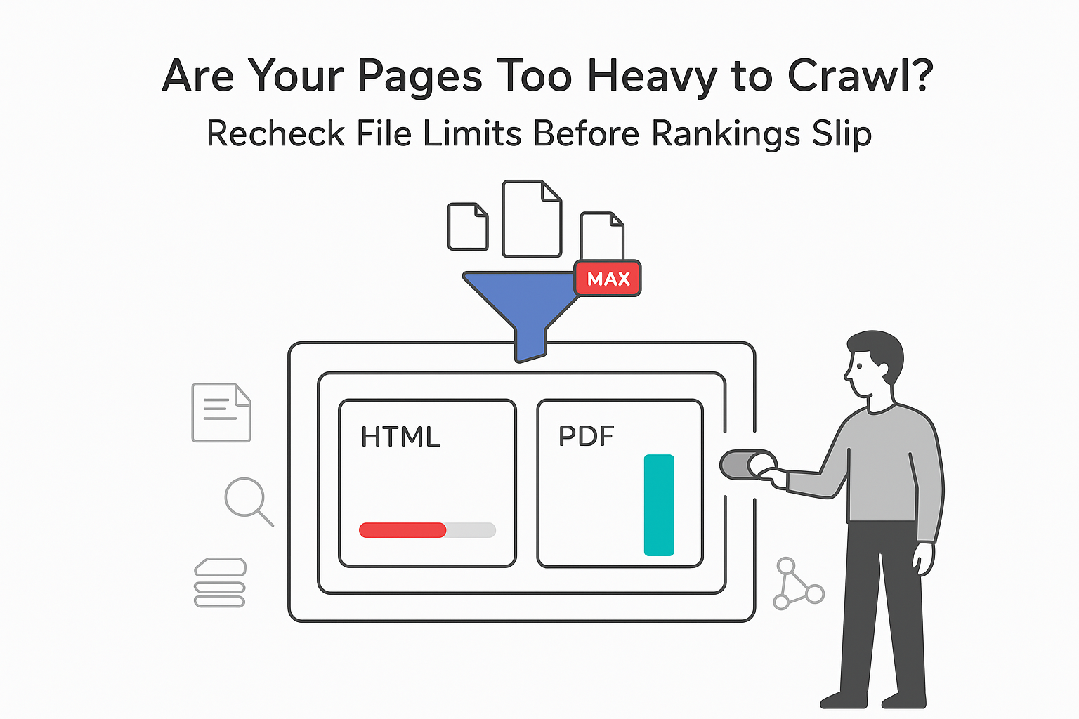 Minimalist crawl limit dashboard with funnel HTML PDF bars and SEO analyst toggling size limit