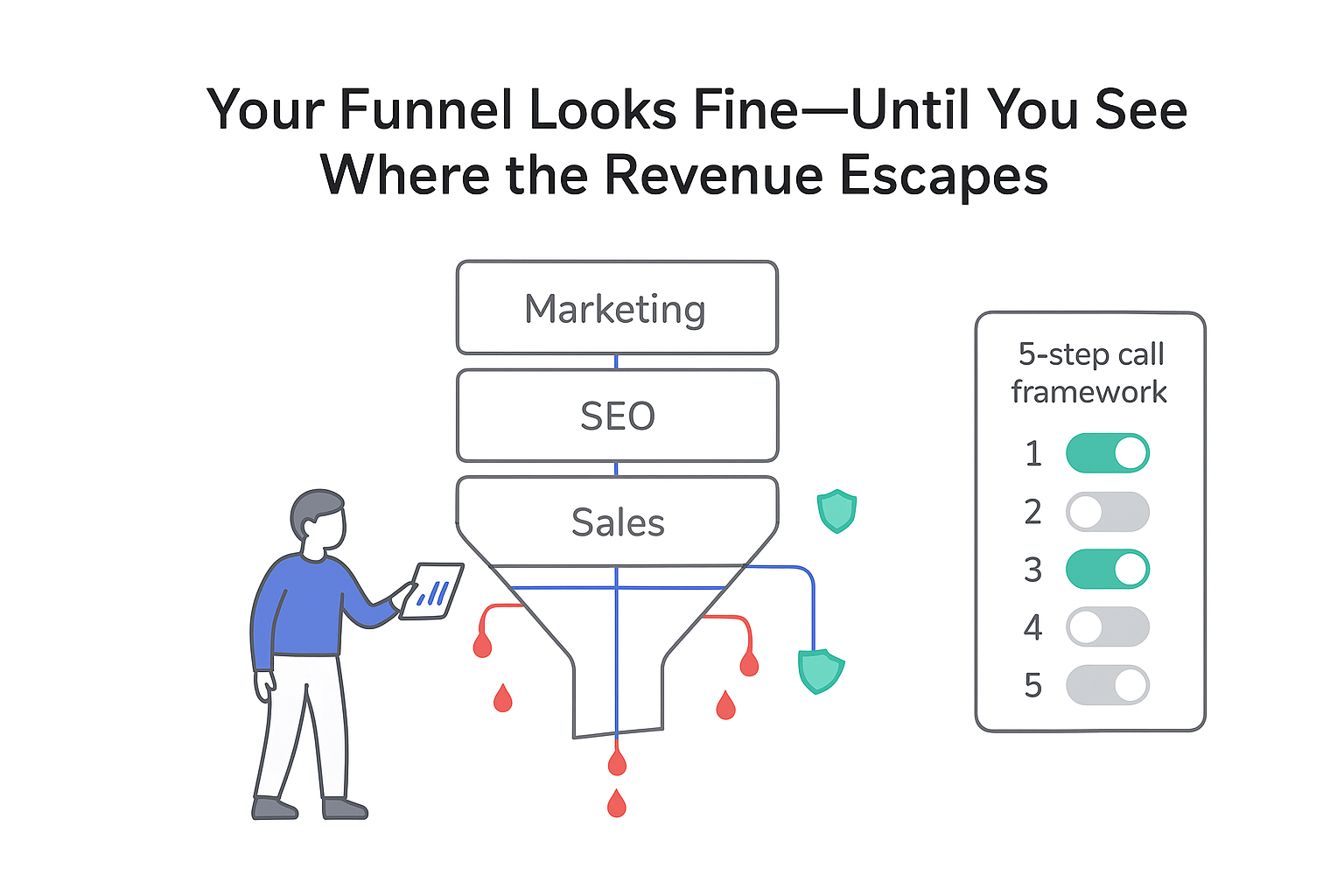 Minimalist tech illustration of marketing SEO sales funnel leaking revenue patched by 5 step panel