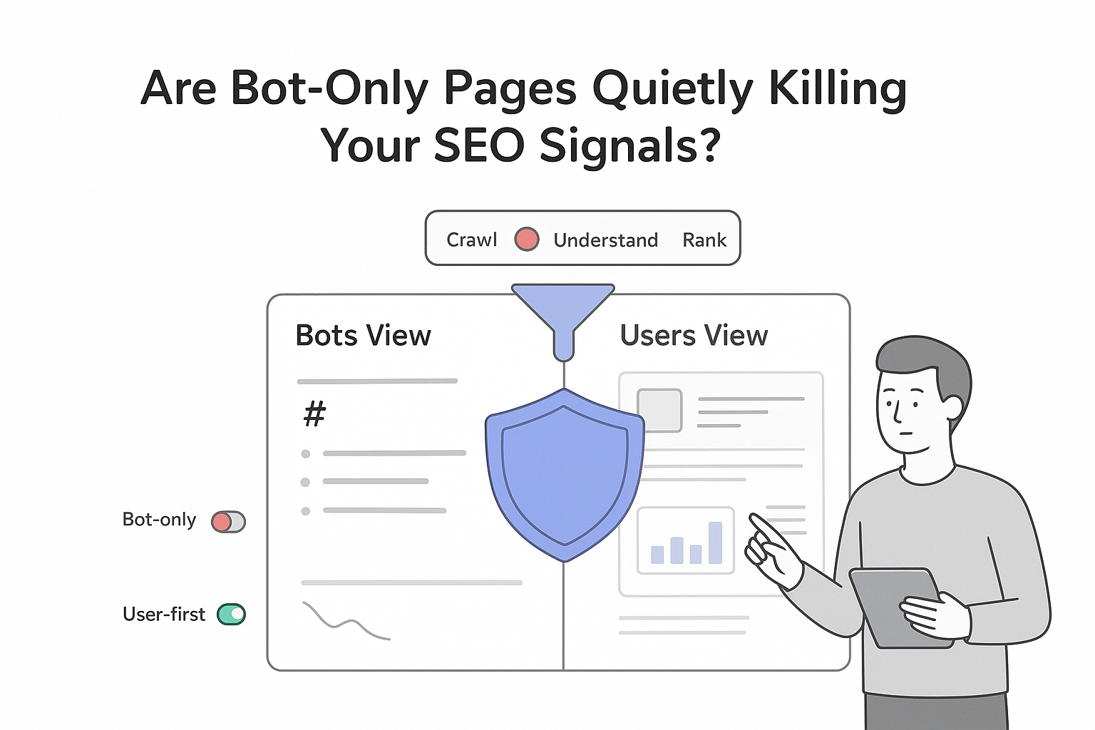Split screen UI Bots View Users View funnel Crawl Understand Rank SEO shield
