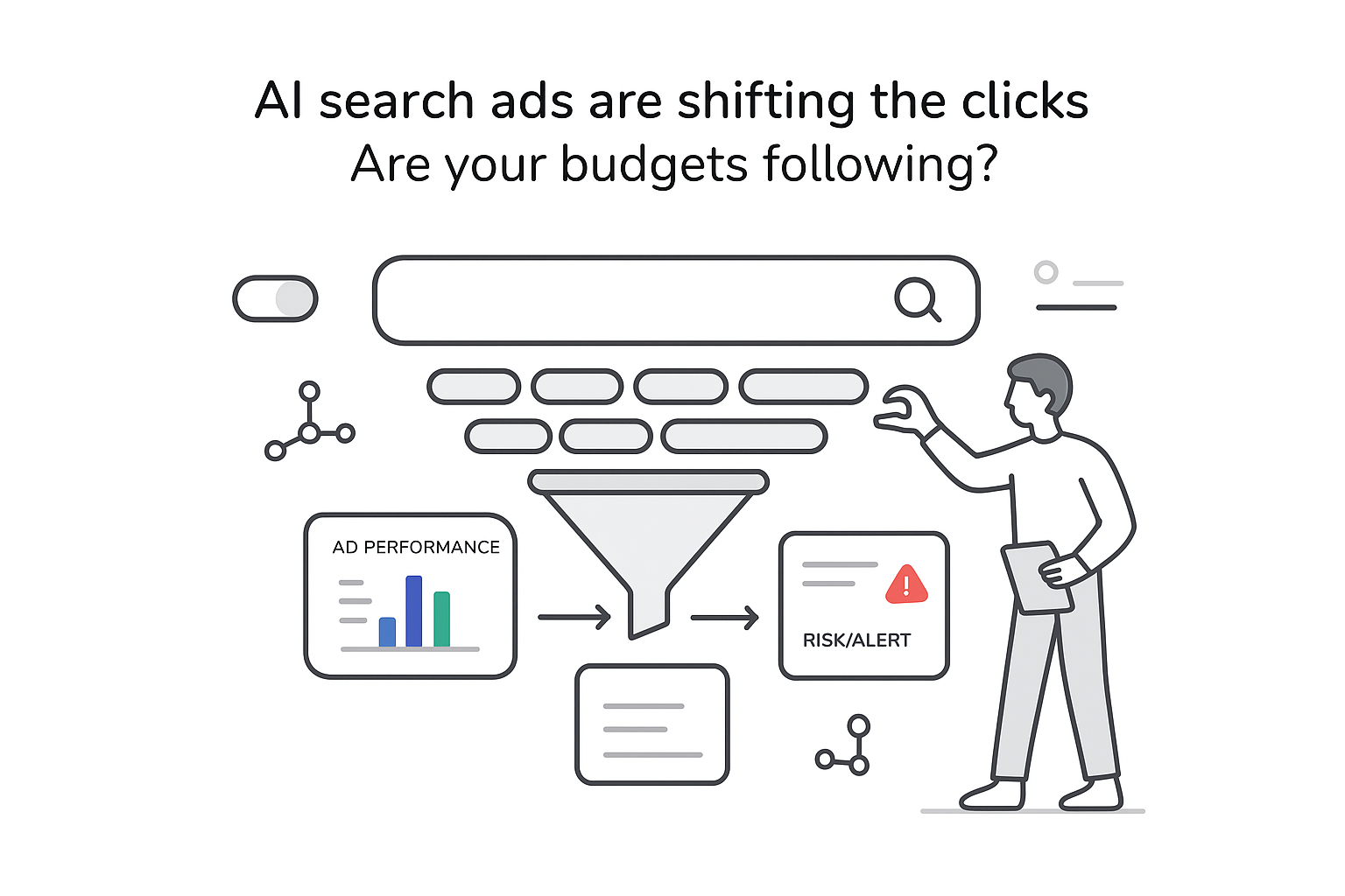 AI search ads illustration with search bar funnel feeding ad performance dashboard and risk alert