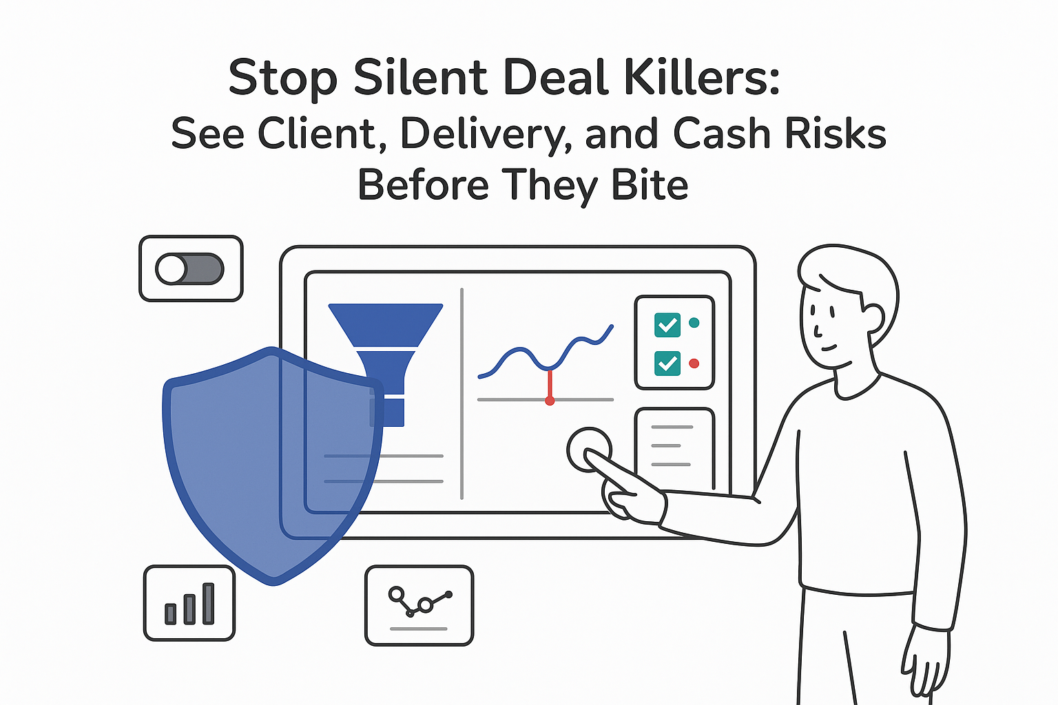 Minimalist vector dashboard illustration showing funnel cash flow alerts shield and executive toggling risk controls
