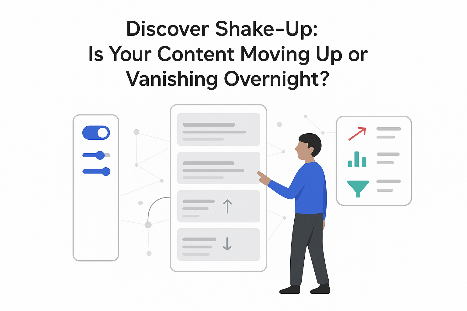 Minimalist tech illustration of algorithmic content feed with ranking controls analytics funnel and person pointing