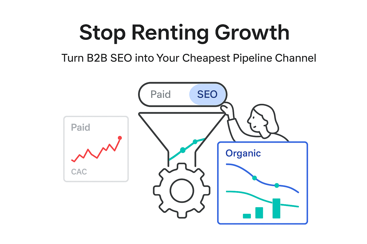 B2B SEO growth engine illustration funnel cogwheel upward chart paid versus organic executive touching toggle