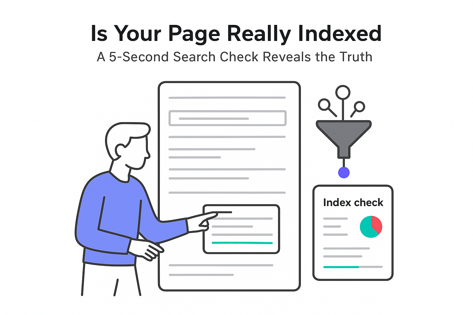 Minimalist tech illustration showing page index check with highlighted search result and status report