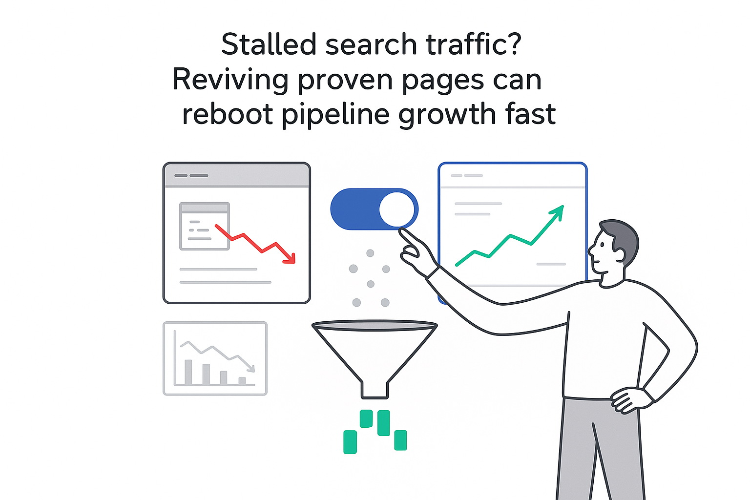 Marketer flipping toggle to refresh pages reviving stalled search traffic and increasing conversions