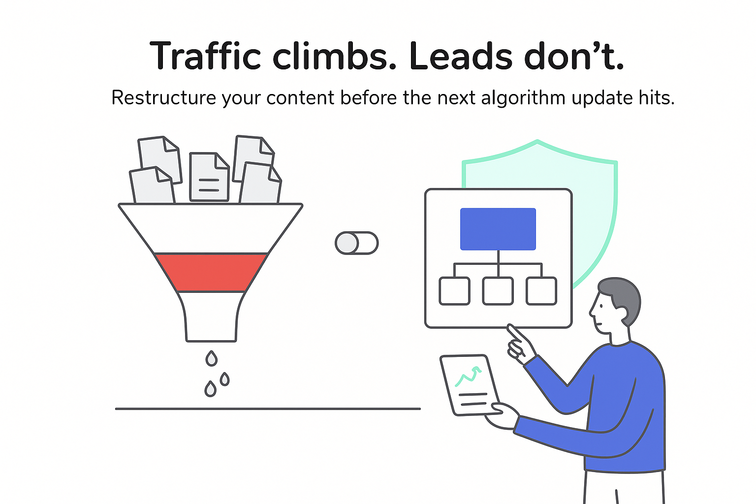Minimalist tech illustration conversion funnel with red blockage weak output content architecture panel person pointing