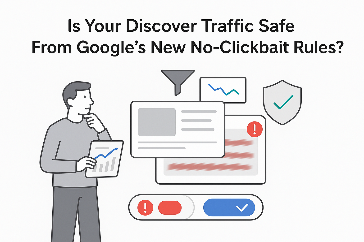 Minimalist illustration of Google Discover feed cards clickbait alert traffic drop shield protection marketer
