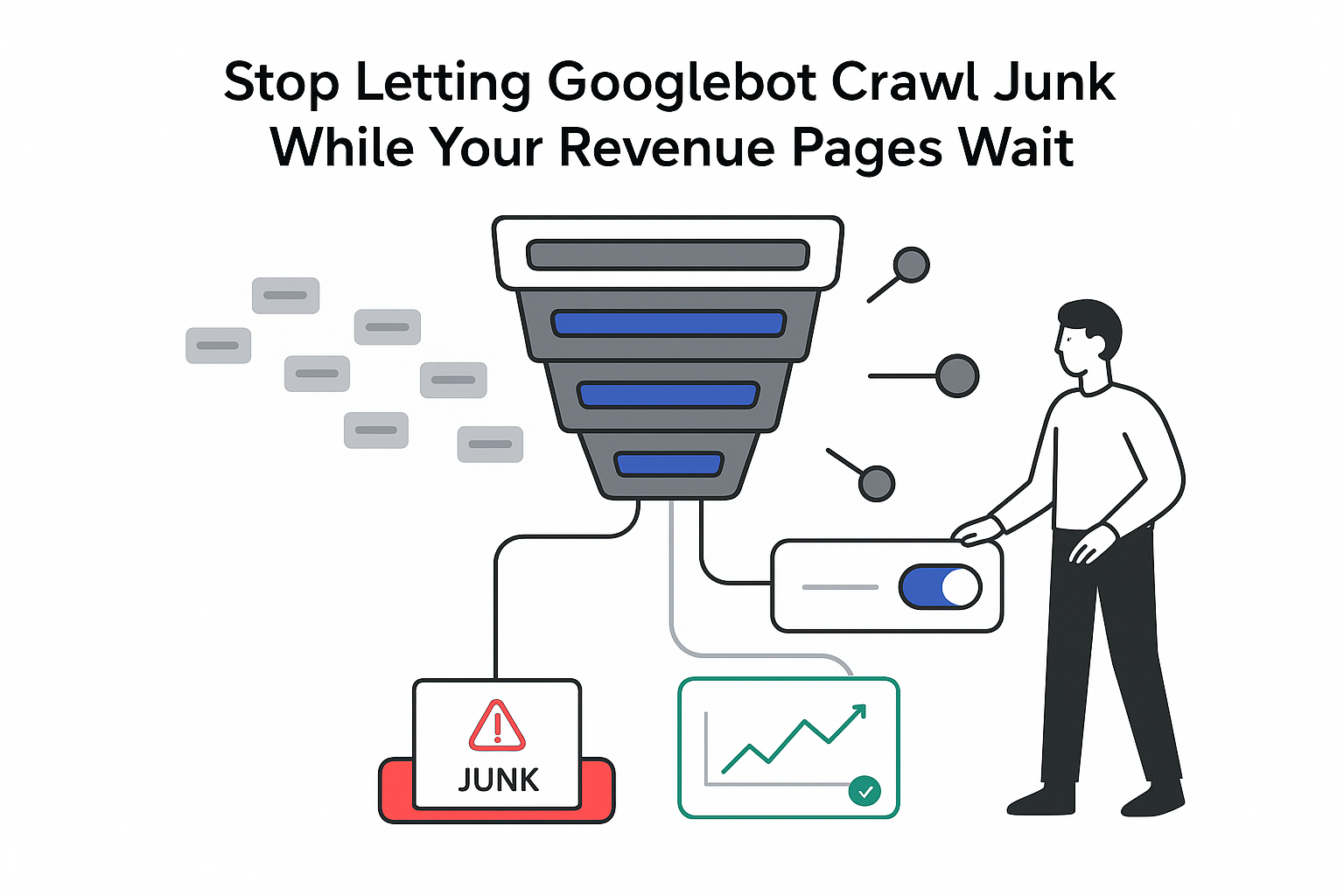 Crawl budget control funnel directing Googlebot from junk to money page with toggle
