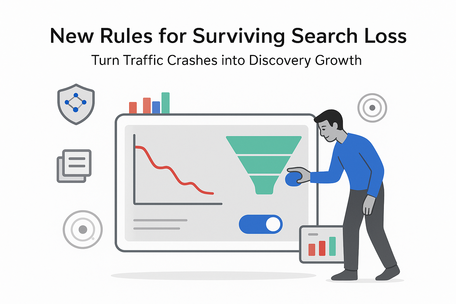 Minimalist analytics dashboard showing search traffic decline and recovery funnel person toggling for discovery growth