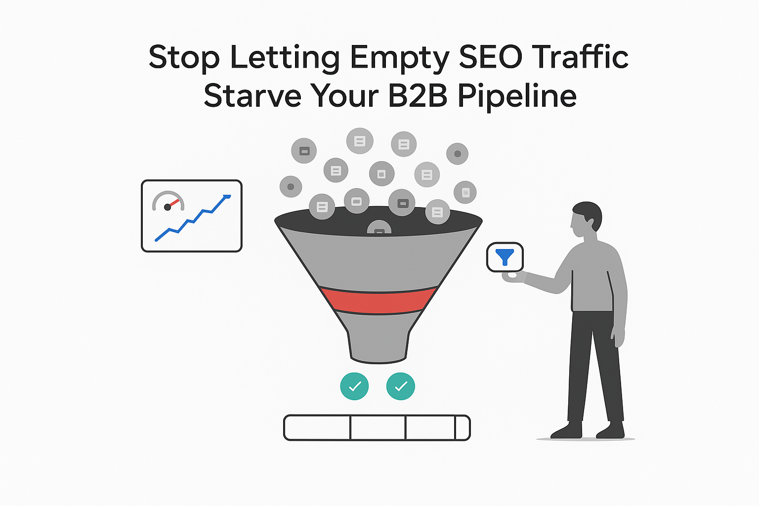 Tech illustration of B2B funnel showing SEO traffic choke sales pipeline analytics toggle deals